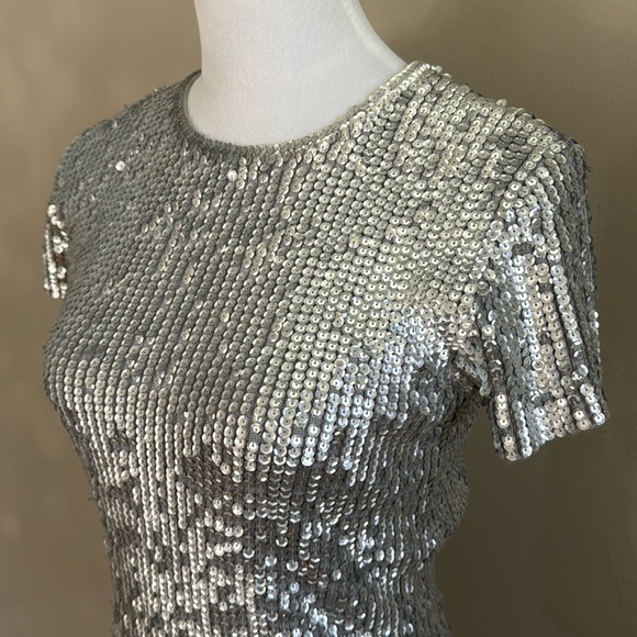Oscar De La‎ Renta Sequin Gray Silver Short Sleeve Scoop Neck Top Blouse Size S - Picture 4 of 11